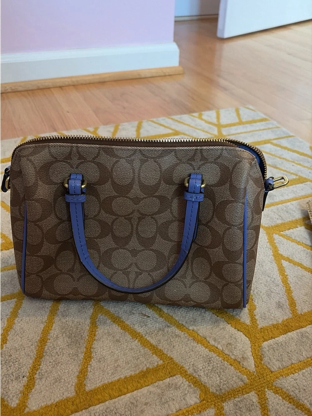 Coach Brown Signature Satchel with Blue Trim